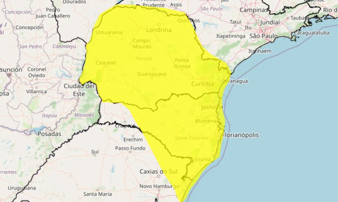 o mapa mostra as &aacute;reas em alerta para chuva intensa
